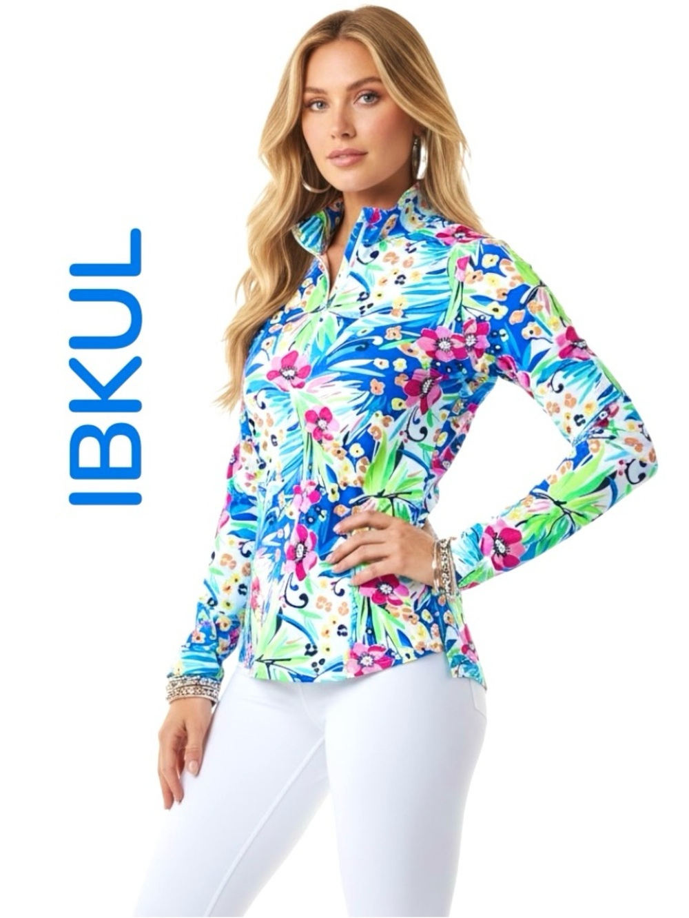 IBKUL Shirt UPF 50+ Tropical Floral Vent/Long Sleeve Zip Mock Neck Top Sz XL